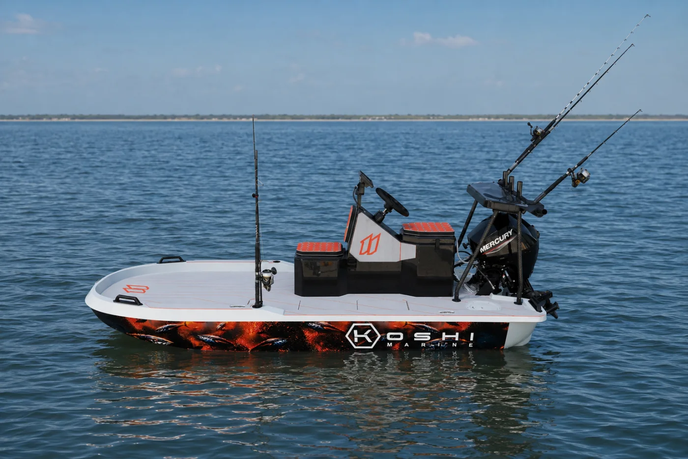 KOSHI 11 fishing skiff on flat water, rigged with rods and a Mercury outboard